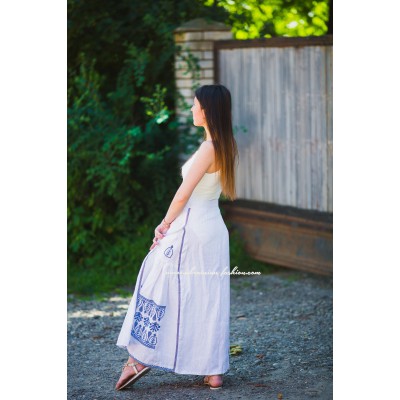 Boho Style Embroidered Maxi Skirt White with Blue Embroidery